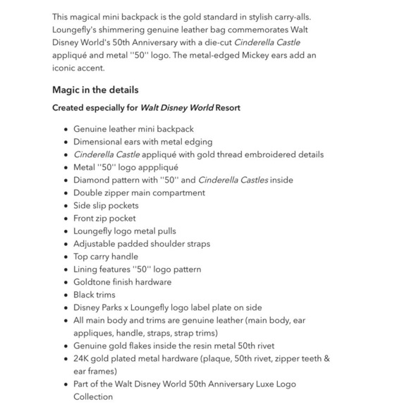 Mickey Mouse Walt Disney World 50th Anniversary Leather Gold Loungefly Backpack - Picture 4 of 13